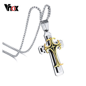 Vnox Men's Stainless Steel Large Fleur-de-lis Cross 3-Tone Pendant Necklace 24" Chain
