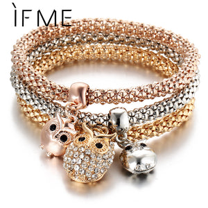 3 Pcs/Set Crystal Owl Crown Charm Bracelets&Bangles 3 Color Rose Gold Color Elephant Anchor Pendants Rhinestone Bracelet Women