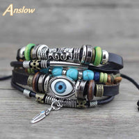 Anslow Punk Design Turkish Evil Eye Bracelets For Women Men Wristband Female Owl Leather Bracelet Ethnic Blue Stone LOW0268LB