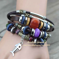 Anslow Punk Design Turkish Evil Eye Bracelets For Women Men Wristband Female Owl Leather Bracelet Ethnic Blue Stone LOW0268LB