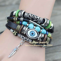 Anslow Punk Design Turkish Evil Eye Bracelets For Women Men Wristband Female Owl Leather Bracelet Ethnic Blue Stone LOW0268LB