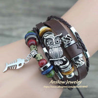Anslow Punk Design Turkish Evil Eye Bracelets For Women Men Wristband Female Owl Leather Bracelet Ethnic Blue Stone LOW0268LB