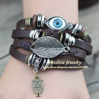 Anslow Punk Design Turkish Evil Eye Bracelets For Women Men Wristband Female Owl Leather Bracelet Ethnic Blue Stone LOW0268LB