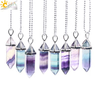 CSJA Fluorite Necklace Pendant Natural Gem Stone Quartz Bullet Hexagonal Point Pendulum Column Reiki Healing Chakra Jewelry E546