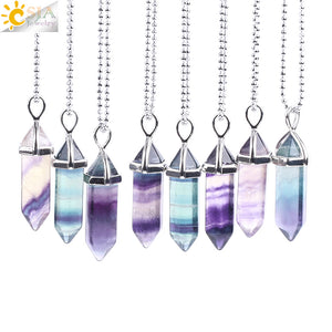 CSJA Fluorite Necklace Pendant Natural Gem Stone Quartz Bullet Hexagonal Point Pendulum Column Reiki Healing Chakra Jewelry E546