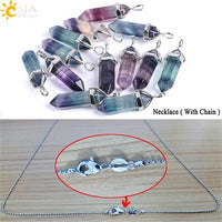 CSJA Fluorite Necklace Pendant Natural Gem Stone Quartz Bullet Hexagonal Point Pendulum Column Reiki Healing Chakra Jewelry E546
